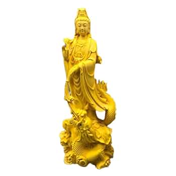 木彫　仏像　龍上観音菩薩　ツゲ Amazon｜木彫仏像 彫刻 ツゲ 木製龍上観音 ＜風水グッズ・開運